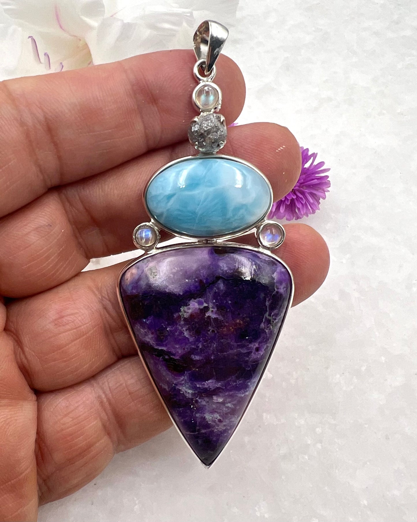 Sugilite, Larimar with Rainbow Moonstone and Diamonds as a Combi