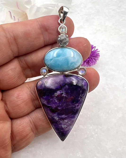 Sugilite, Larimar with Rainbow Moonstone and Diamonds as a Combi