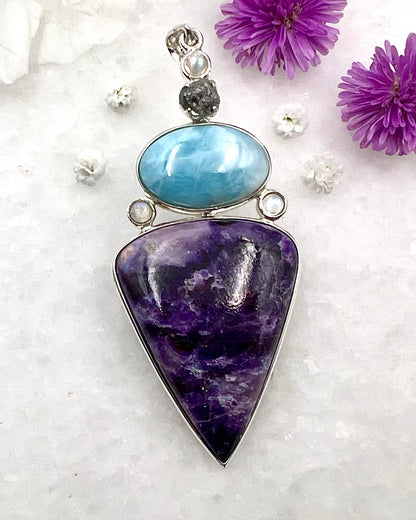 Sugilite, Larimar with Rainbow Moonstone and Diamonds as a Combi