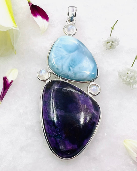 Sugilite and Larimar with Rainbow Moonstone Accents as Combi Pendant