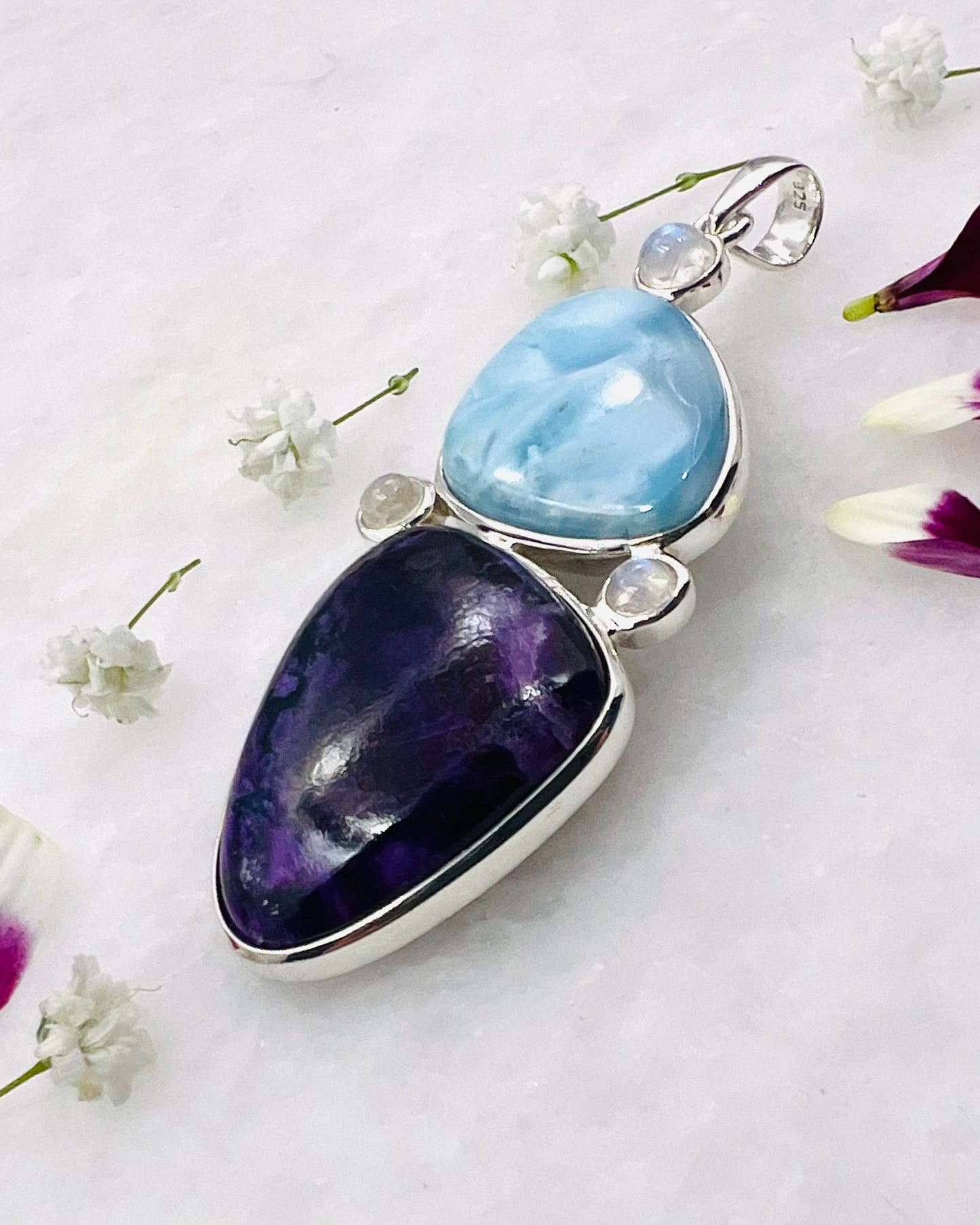 Sugilite and Larimar with Rainbow Moonstone Accents as Combi Pendant