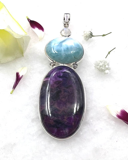 Sugilite and Larimar with Diamond and Rainbow Moonstone Accents as Combi Pendant
