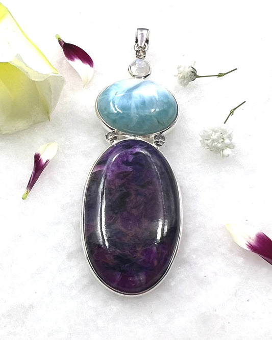 Sugilite and Larimar with Diamond and Rainbow Moonstone Accents as Combi Pendant