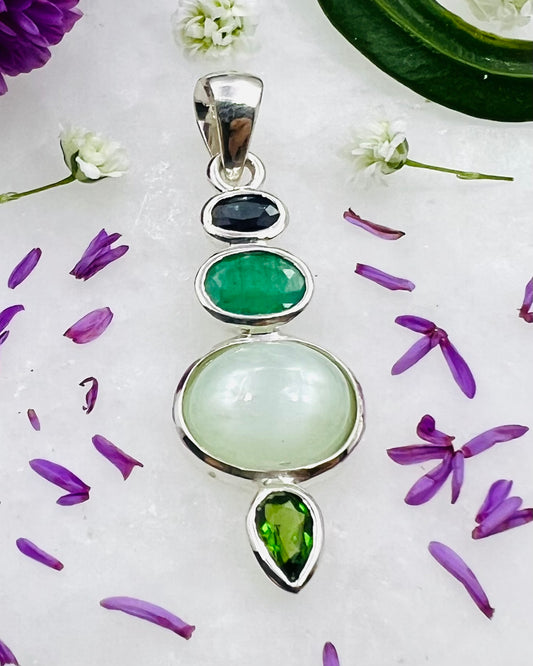 Natural Sapphire, Green Moonstone, Chrome Dioptase & Emerald as Combi Pendant