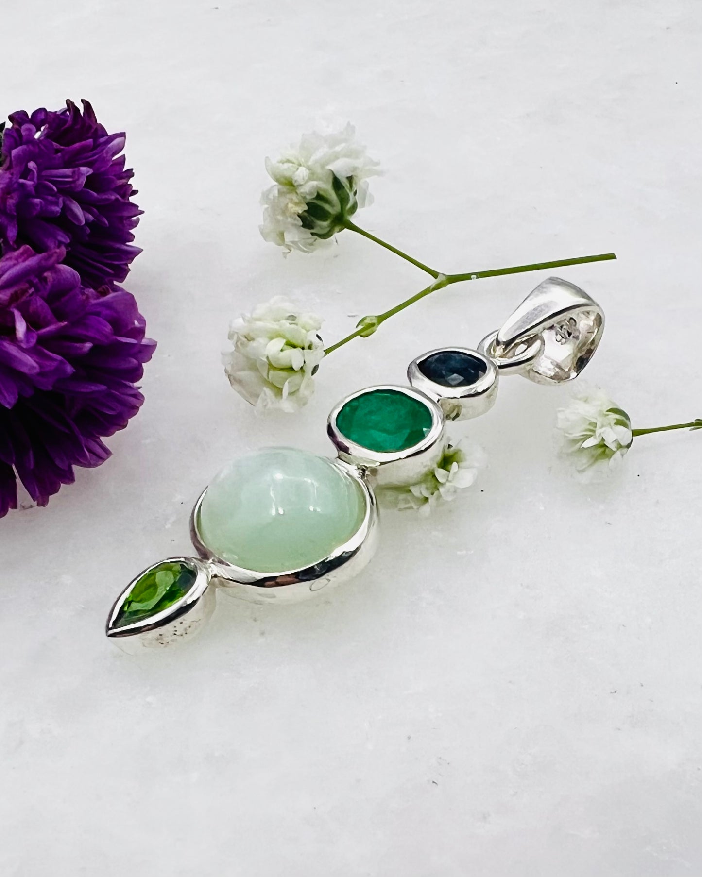 Natural Sapphire, Green Moonstone, Chrome Dioptase & Emerald as Combi Pendant