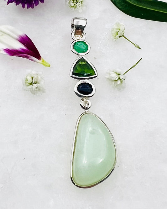 Emerald, Chrome Dioptase, Natural Sapphire and Green Moonstone as Combi Pendant
