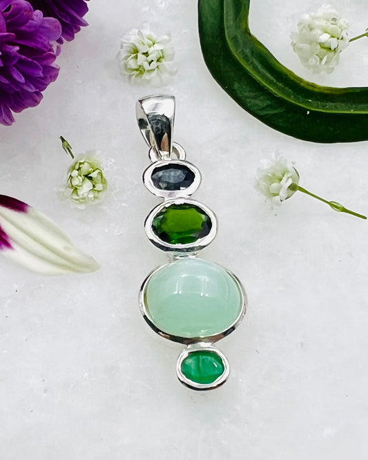 Natural Sapphire, Chrome Dioptase, Natural Green Moonstone & Emerald as Combi Pendant