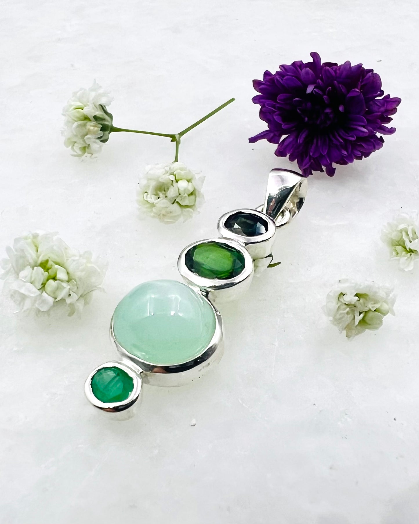 Natural Sapphire, Chrome Dioptase, Natural Green Moonstone & Emerald as Combi Pendant