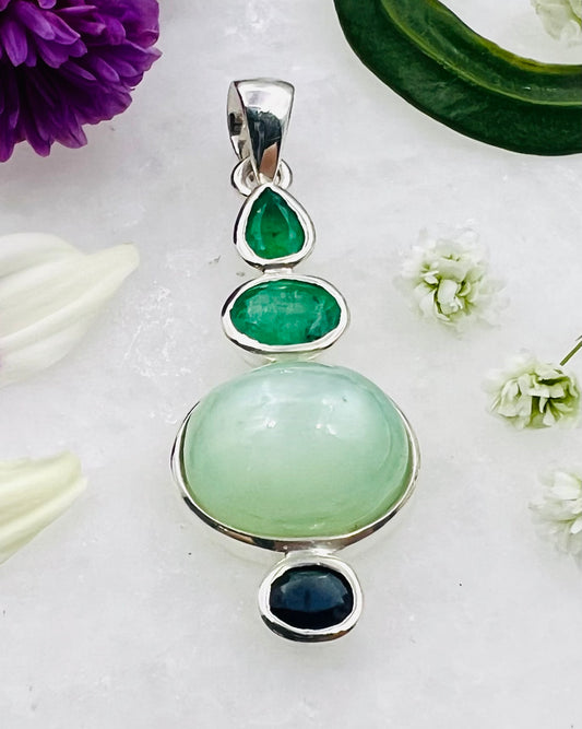 2 Emeralds with Natural Green Moonstone and Sapphire as Combi Pendant