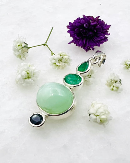 2 Emeralds with Natural Green Moonstone and Sapphire as Combi Pendant