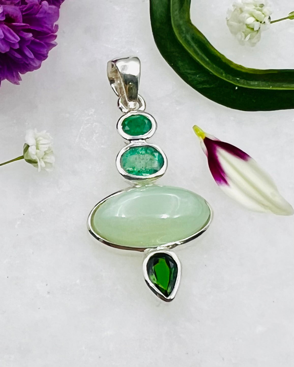 2 Emeralds with Natural Green Moonstone and Chrome Dioptase as Combi Pendant