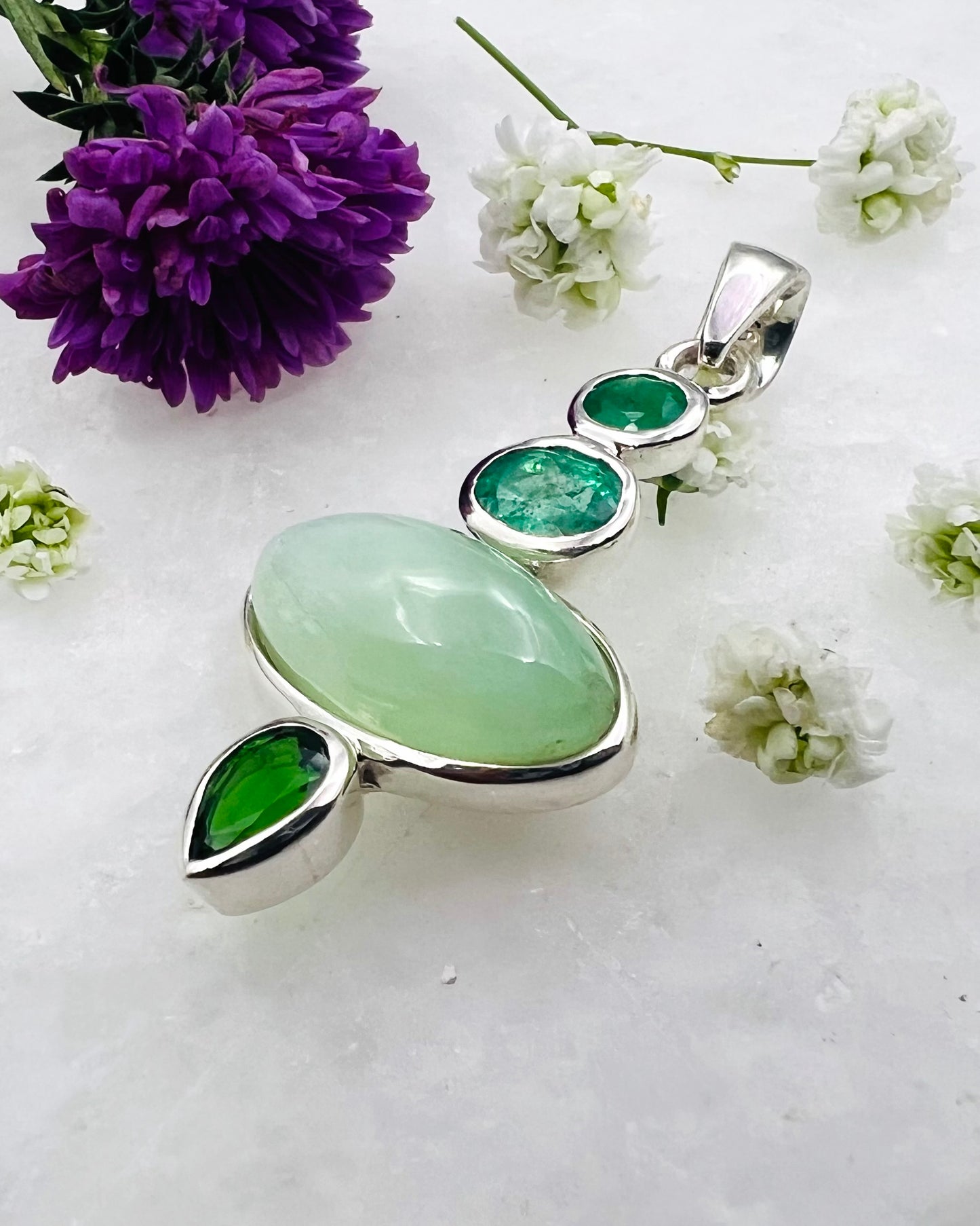 2 Emeralds with Natural Green Moonstone and Chrome Dioptase as Combi Pendant