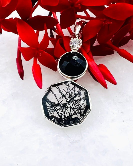 Cubic Zirconia, Black Turmaline Top Facetted and Sri Lankan Black Turmaline Quartz as Combi Pendant