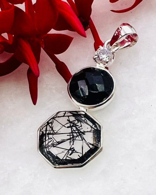 Cubic Zirconia, Black Turmaline Top Facetted and Sri Lankan Black Turmaline Quartz as Combi Pendant