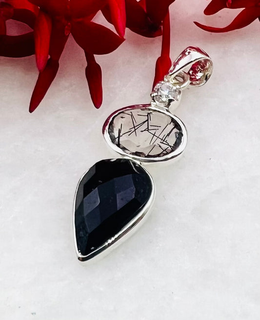 Cubic Zirconia, Black Turmaline Top Facetted and Sri Lankan Black Turmaline Quartz as Combi Pendant