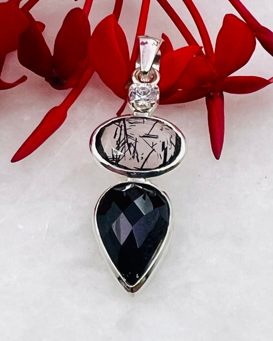 Cubic Zirconia, Black Turmaline Top Facetted and Sri Lankan Black Turmaline Quartz as Combi Pendant