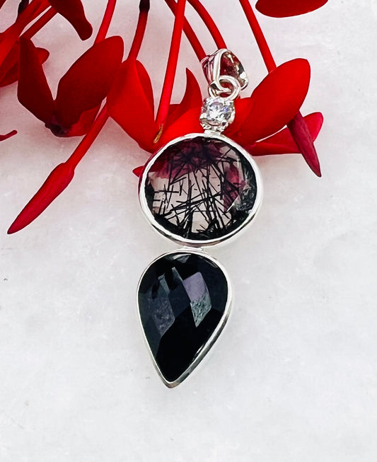 Cubic Zirconia, Black Turmaline Top Facetted and Sri Lankan Black Turmaline Quartz as Combi Pendant