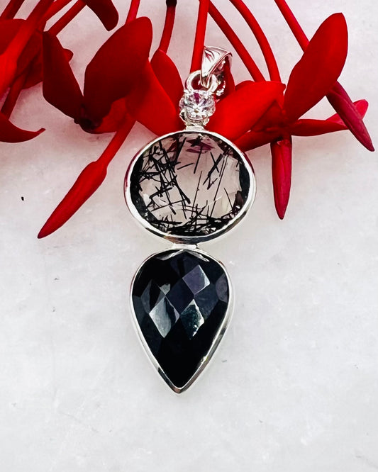 Cubic Zirconia, Black Turmaline Top Facetted and Sri Lankan Black Turmaline Quartz as Combi Pendant