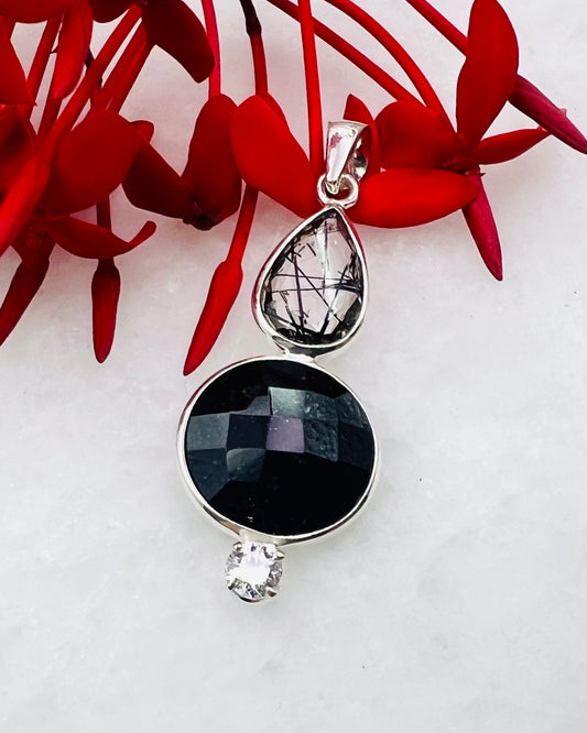 Cubic Zirconia, Black Turmaline Top Facetted and Sri Lankan Black Turmaline Quartz as Combi Pendant