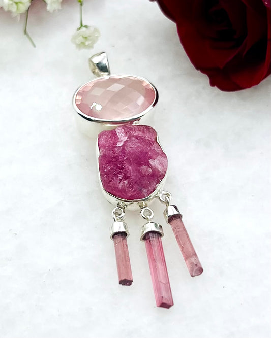 Rose Quartz with Rough Red Turmaline and Natural Red Turmaline Wands as Combi Pendant
