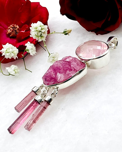 Rose Quartz with Rough Red Turmaline and Natural Red Turmaline Wands as Combi Pendant