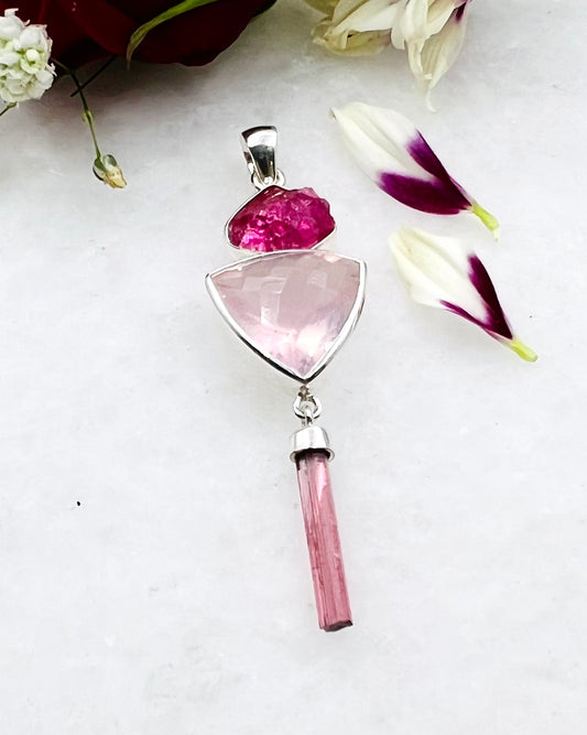 Natural Red Turmaline Rough with Rose Quartz and Natural Red Turmaline Wand as Combi Pendant