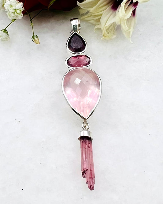 Dark Red and Medium Red Facetted Turmalines, Rose Quartz and Natural Red Turmaline Wand as Combi Pendant