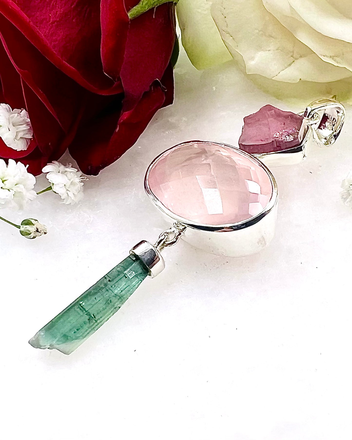 Red Turmaline Slice, Rose Quartz and Natural Green Turmaline Wand as Combi Pendant