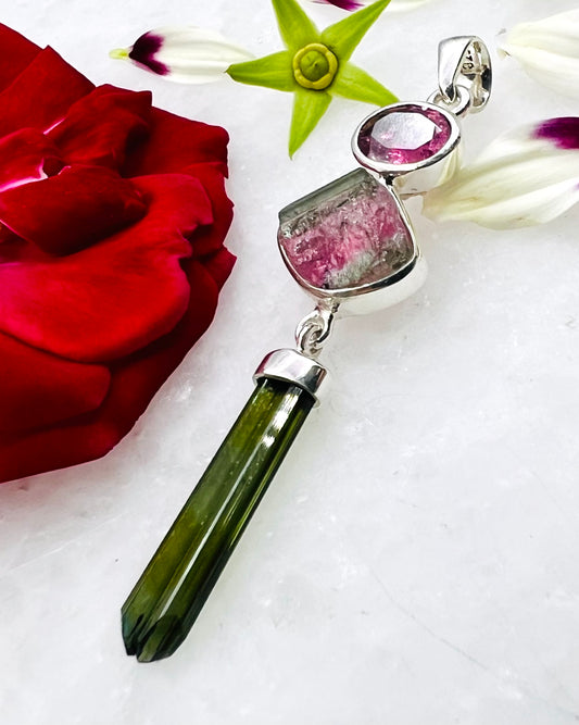 Facetted Red Turmaline, Bi-Color Turmaline Rough with Natural Green Turmaline Wand as Combi Pendant