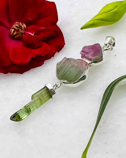 Red Turmaline and Bi-Color Turmaline Rough with a Green Turmaline Crystal Wand as Combi Pendant
