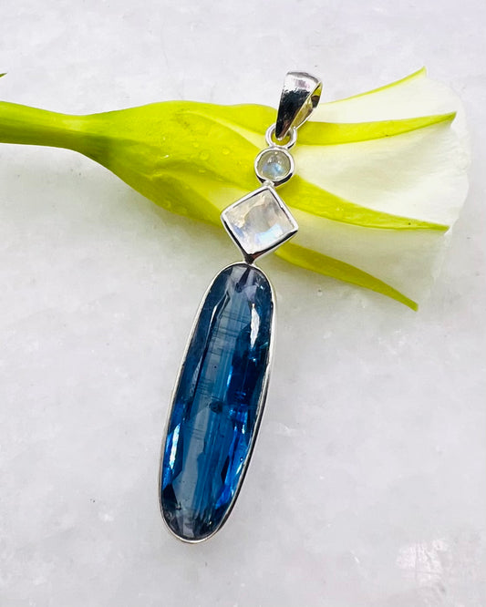Nepali Blue Kyanite with Rainbow Moonstone Accents as Combi Pendant