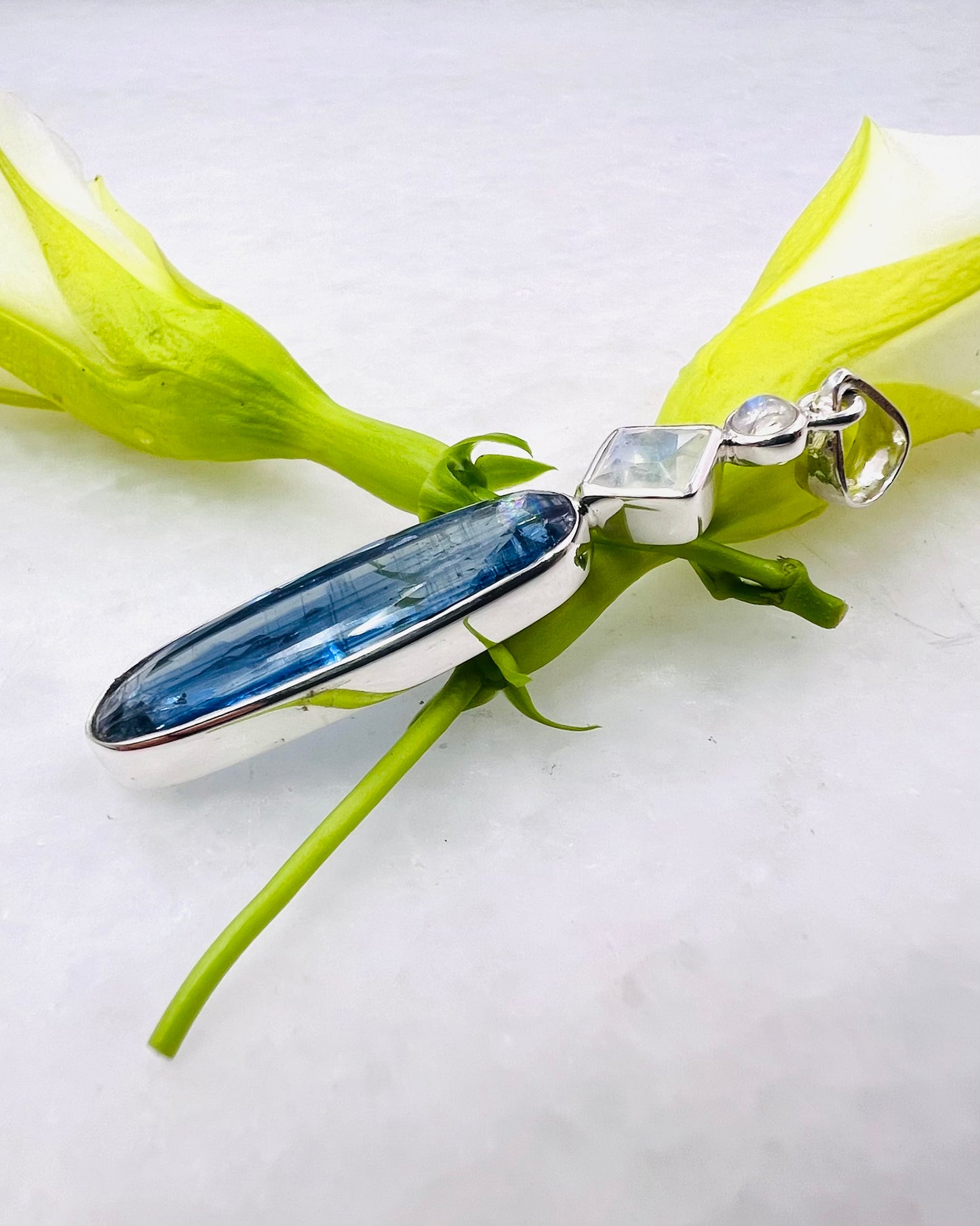Nepali Blue Kyanite with Rainbow Moonstone Accents as Combi Pendant