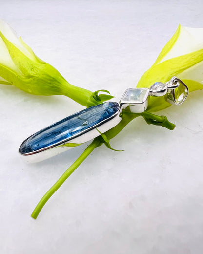 Nepali Blue Kyanite with Rainbow Moonstone Accents as Combi Pendant