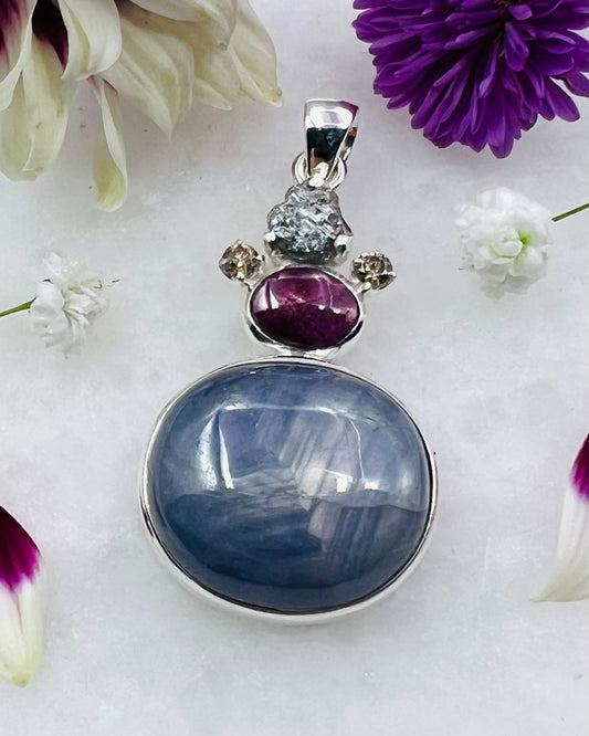 Burmese Star Sapphire, Indian Star Ruby with Raw Diamond and Diamond Accents as Combi Pendant