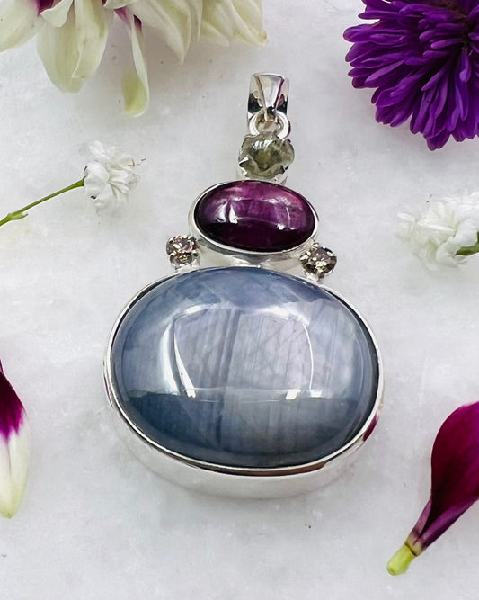 Burmese Star Sapphire, Indian Star Ruby with Raw Diamond and Diamond Accents as Combi Pendant