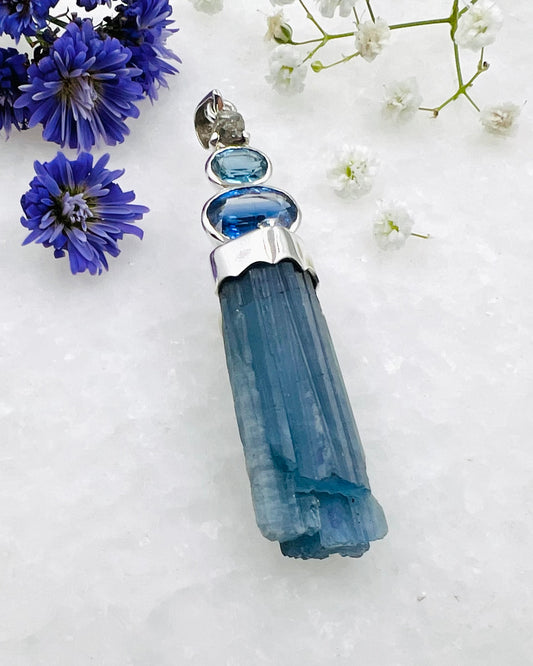 Turquoise and Blue Facetted Kyanite with Raw Diamonds on Natural South Indian Dark Blue Aquamarine Crystal as a Combi Pendant