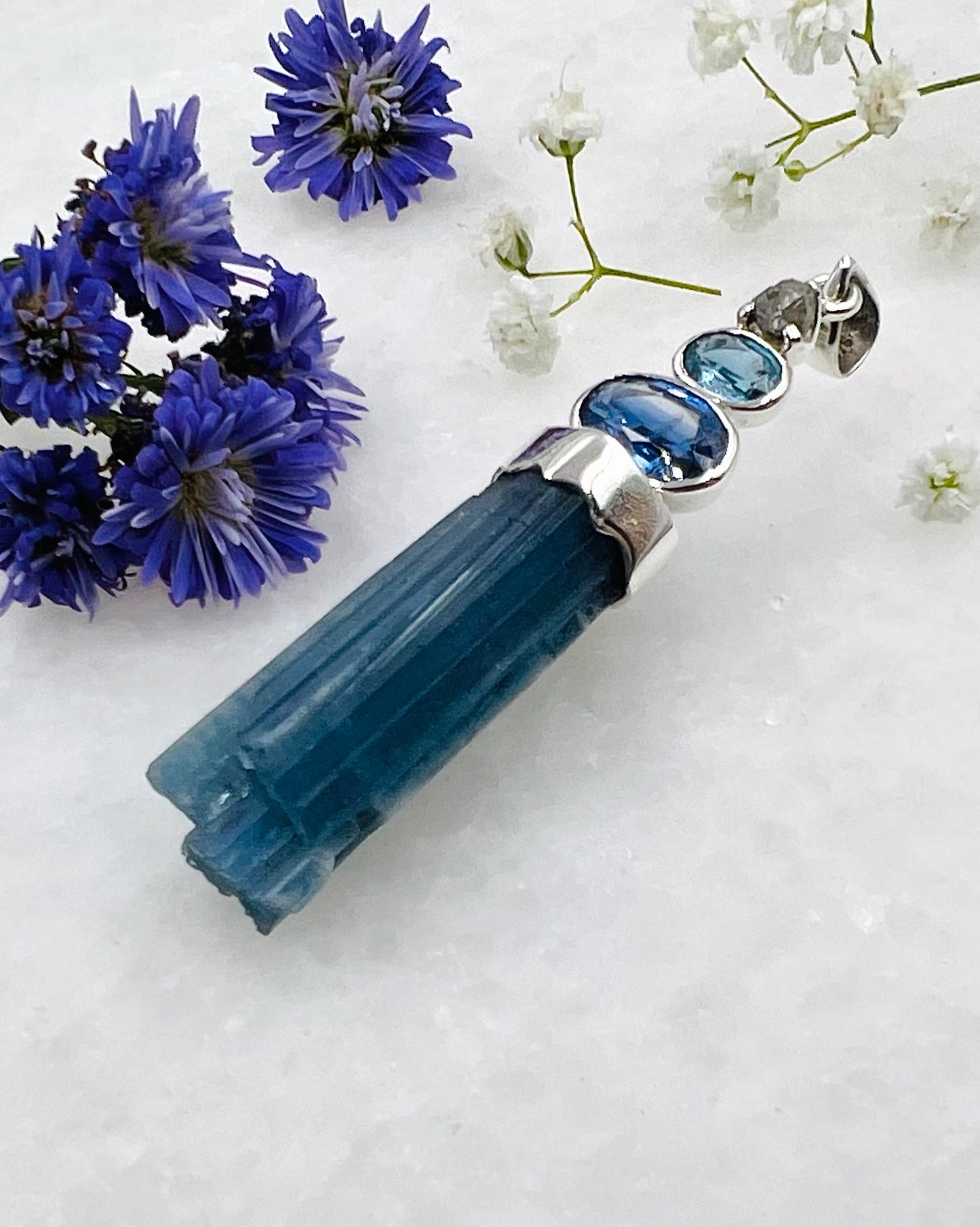 Turquoise and Blue Facetted Kyanite with Raw Diamonds on Natural South Indian Dark Blue Aquamarine Crystal as a Combi Pendant