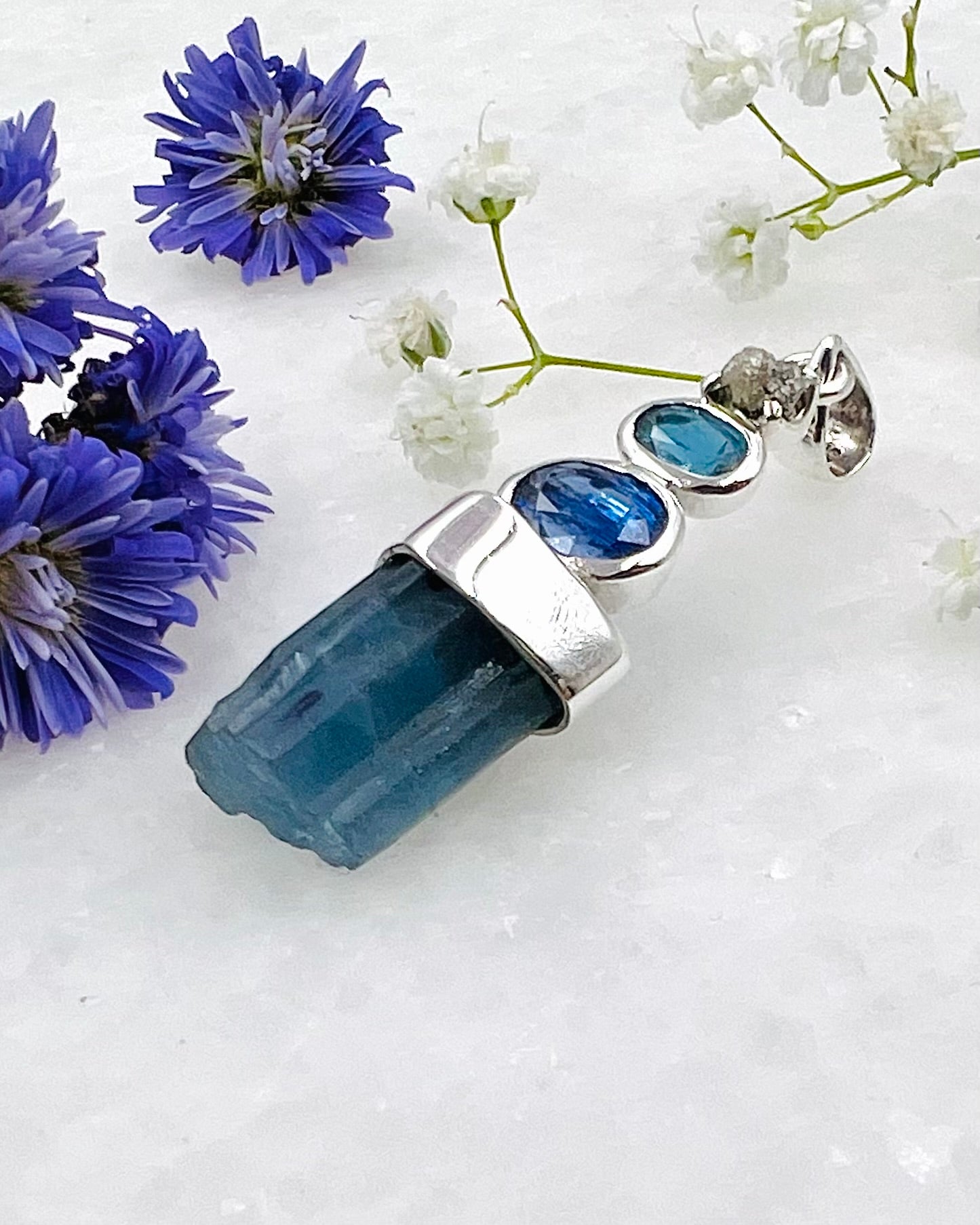 Turquoise and Blue Facetted Kyanite with Raw Diamonds on Natural South Indian Dark Blue Aquamarine Crystal as a Combi Pendant