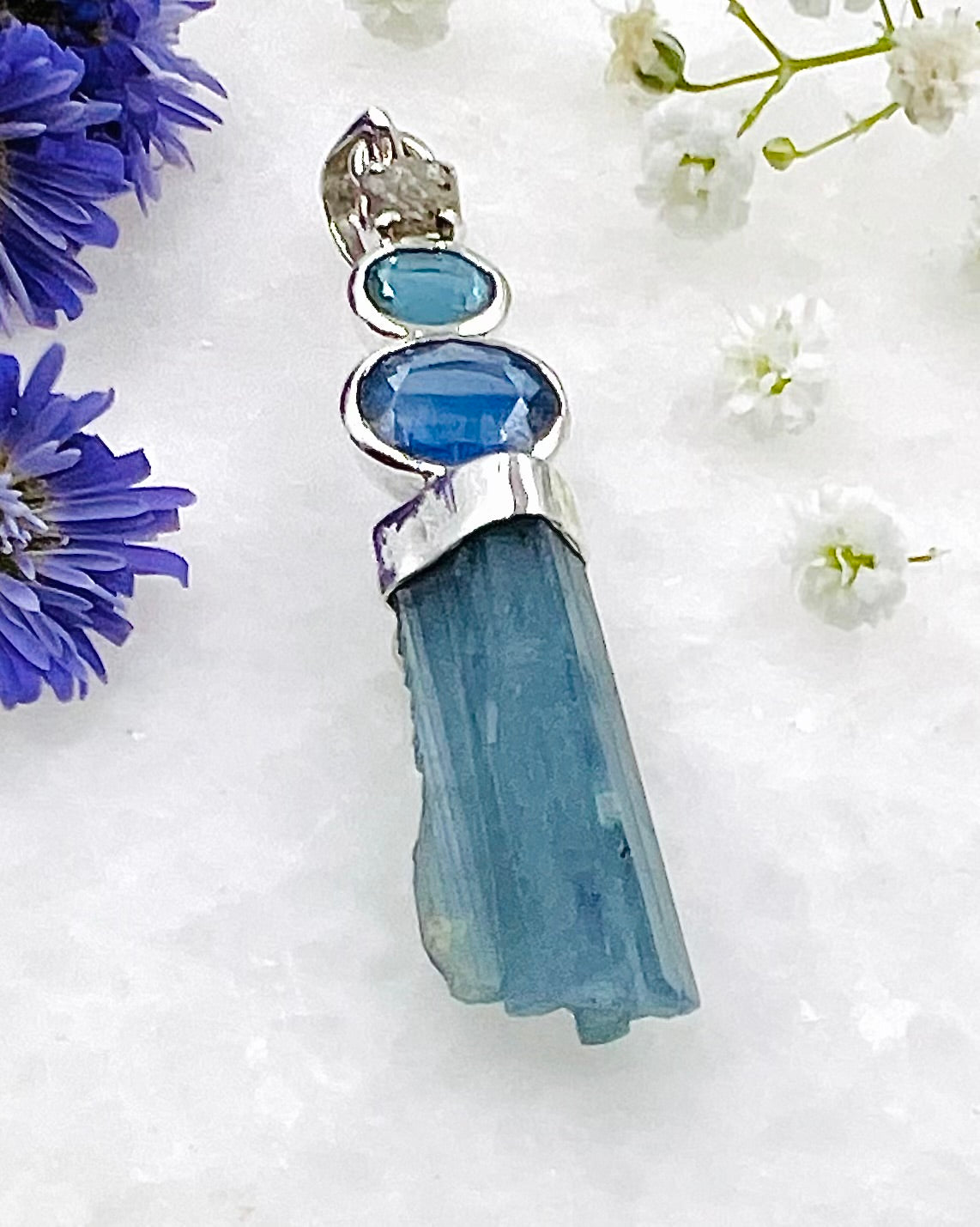 Turquoise and Blue Facetted Kyanite with Raw Diamonds on Natural South Indian Dark Blue Aquamarine Crystal as a Combi Pendant