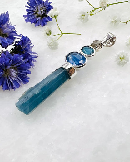 Turquoise and Blue Facetted Kyanite with Raw Diamonds on Natural South Indian Dark Blue Aquamarine Crystal as a Combi Pendant