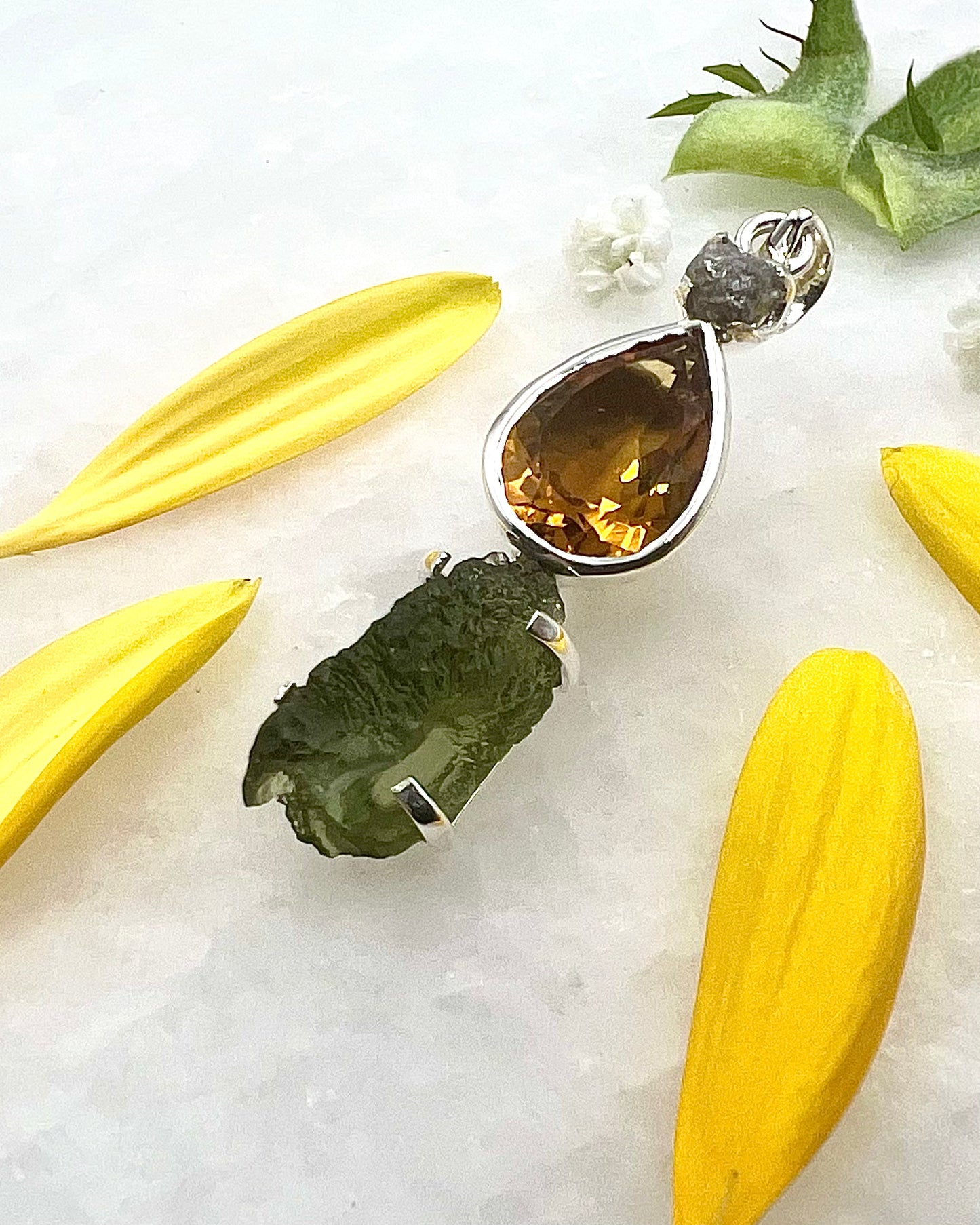Moldavite, Facetted Citrine & Raw Diamond as a Combi Pendant