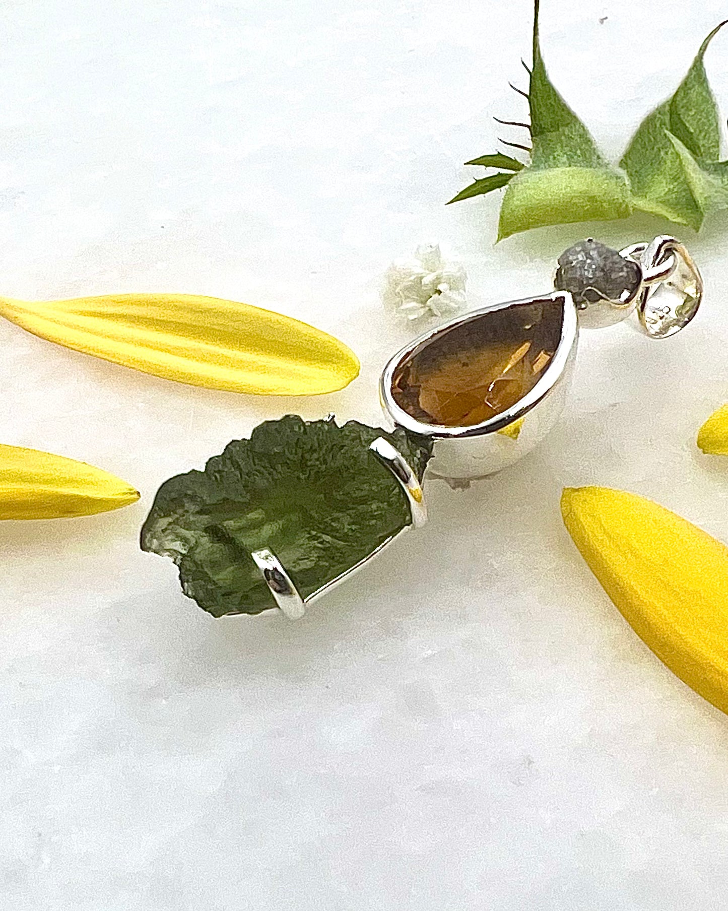 Moldavite, Facetted Citrine & Raw Diamond as a Combi Pendant