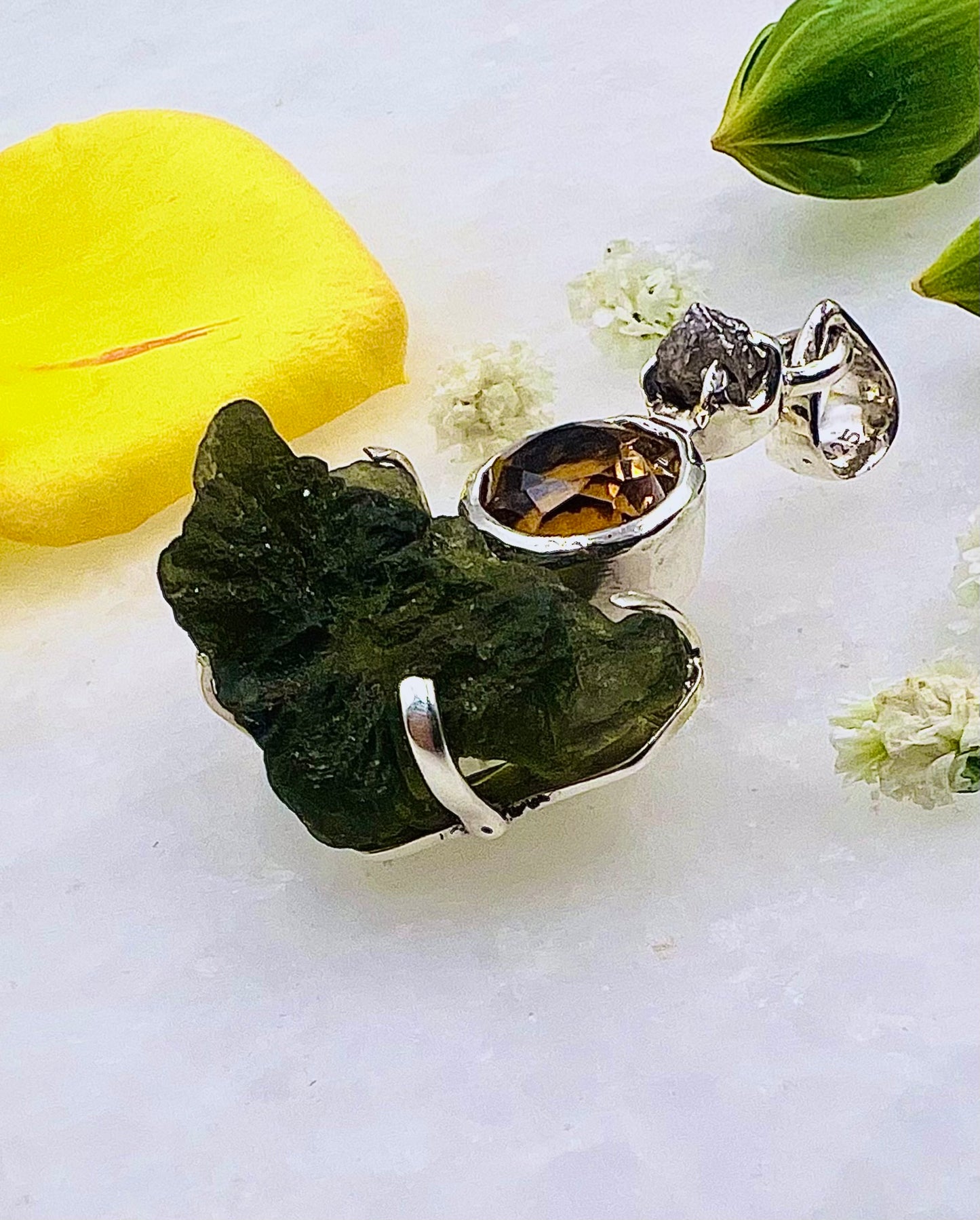 Moldavite, Facetted Citrine & Raw Diamond as a Combi Pendant