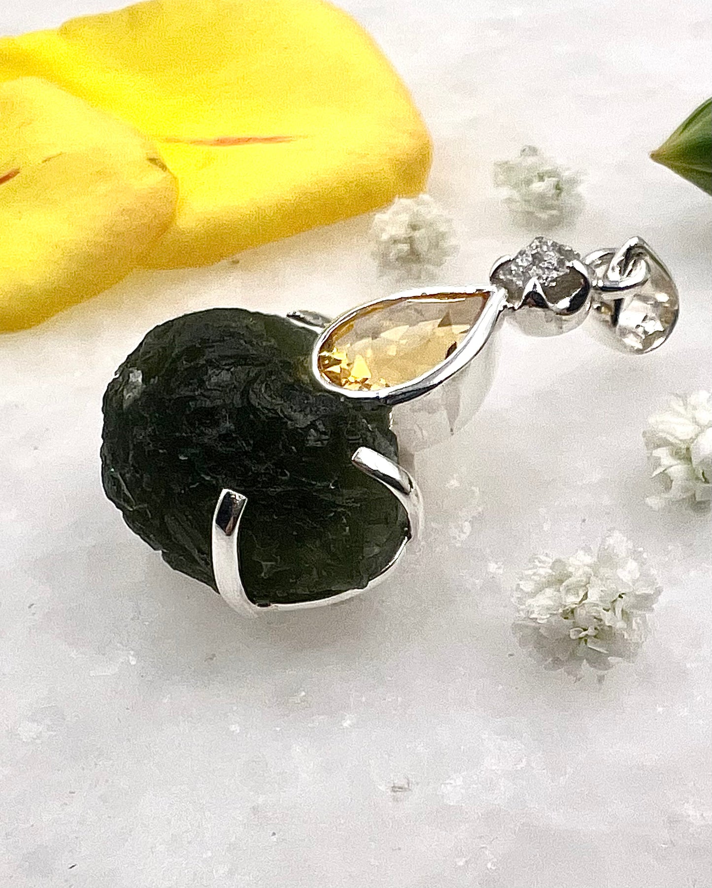 Moldavite, Facetted Citrine & Raw Diamond as a Combi Pendant