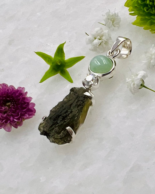 Moldavite, Green Moonstone, Cubic Zirconia as a Combi Pendant