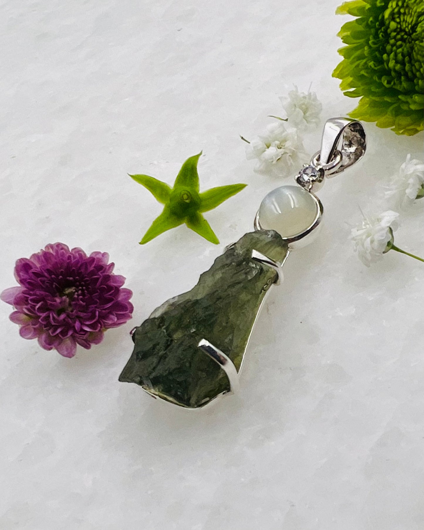 Moldavite, Green Moonstone, Cubic Zirconia as a Combi Pendant