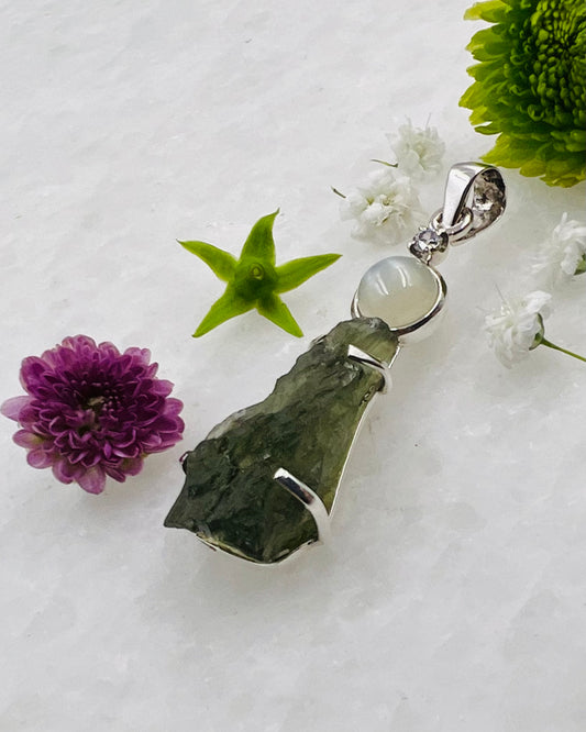 Moldavite, Green Moonstone, Cubic Zirconia as a Combi Pendant