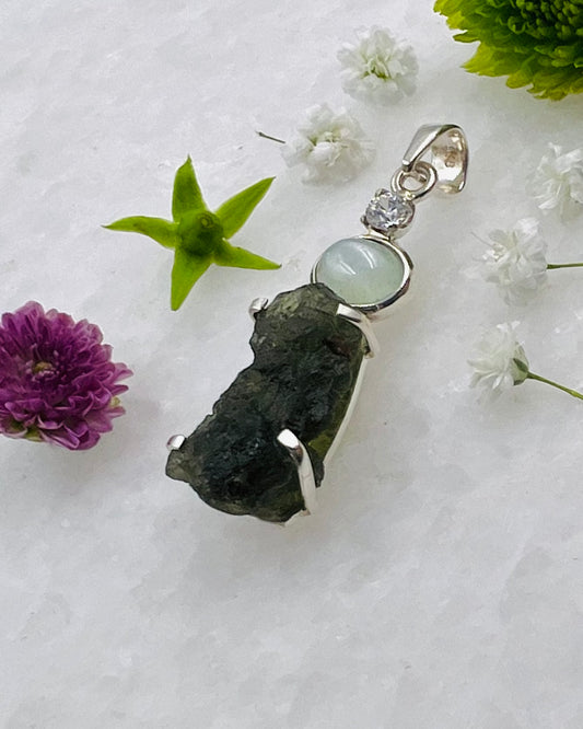 Moldavite, Green Moonstone, Cubic Zirconia as a Combi Pendant