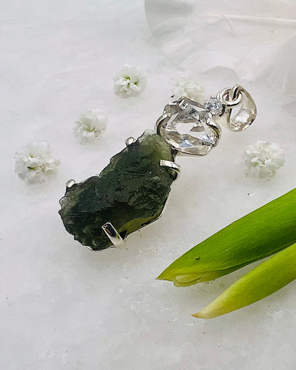 Moldavite, Herkimer, Cubic Zirconia as a Combi Pendant