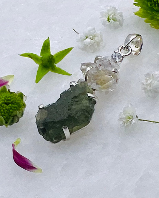 Moldavite, Herkimer, Cubic Zirconia as a Combi Pendant